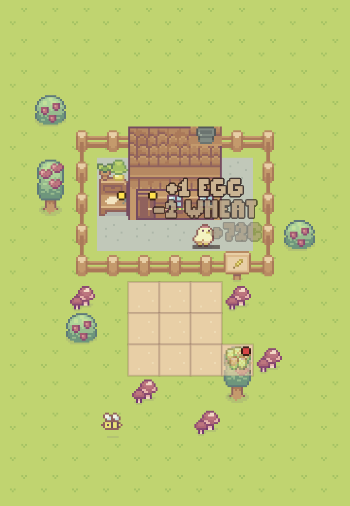 A small farm by day: a fenced yard with a house, a hen and a lab desk, a three-by-three field, berry bushes, mushrooms and a fruit tree in the grass.