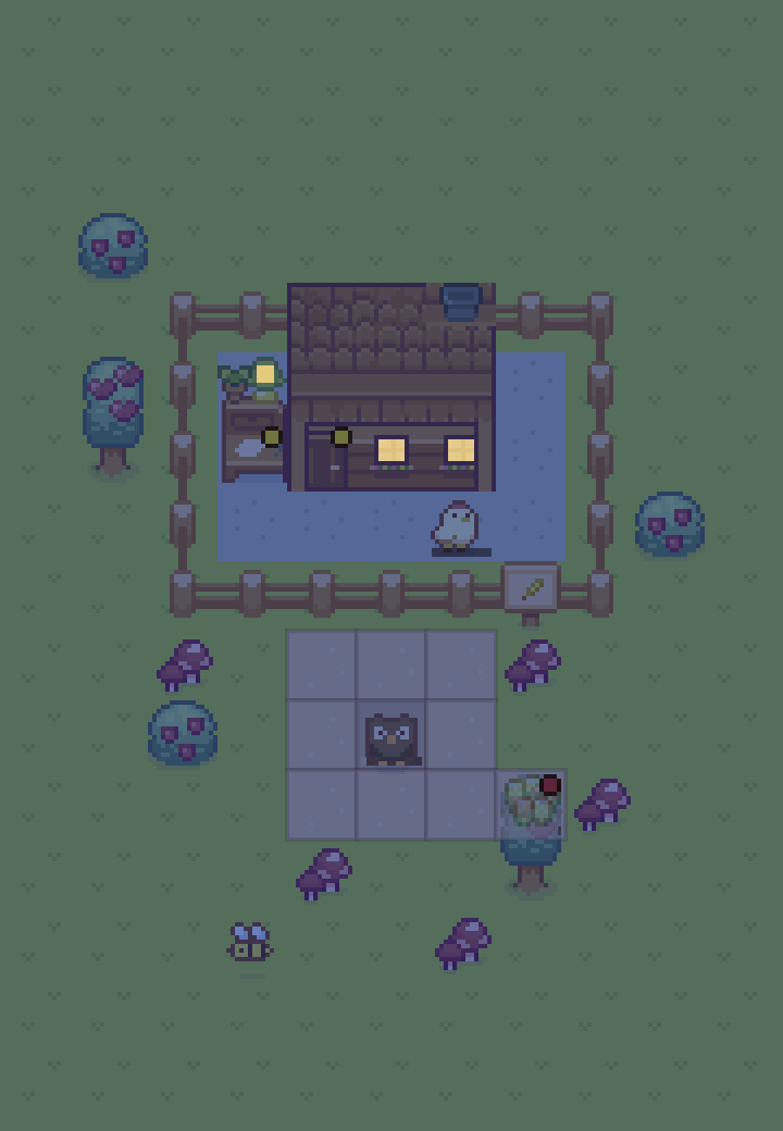 The same farm at night, the house windows lit and an owl sitting on the field.